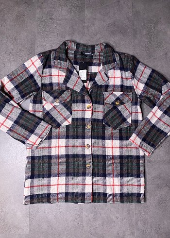 Düğmeli Ekose Kaşe Kısa Kadın Gömlek - Görsel 3