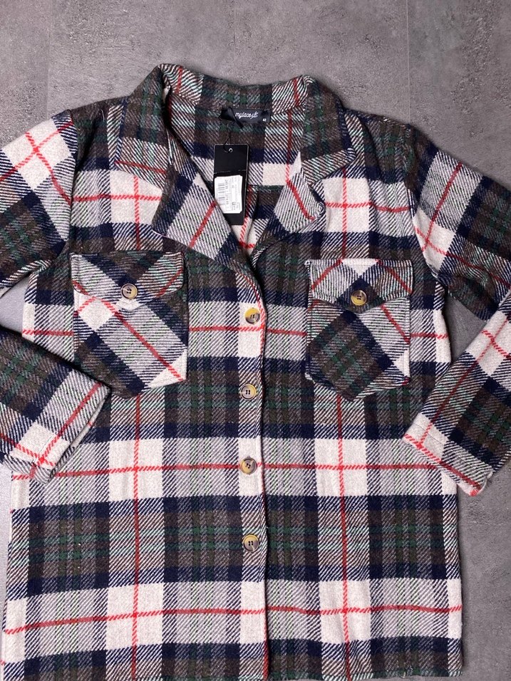 Düğmeli Ekose Kaşe Kısa Kadın Gömlek - Görsel 5