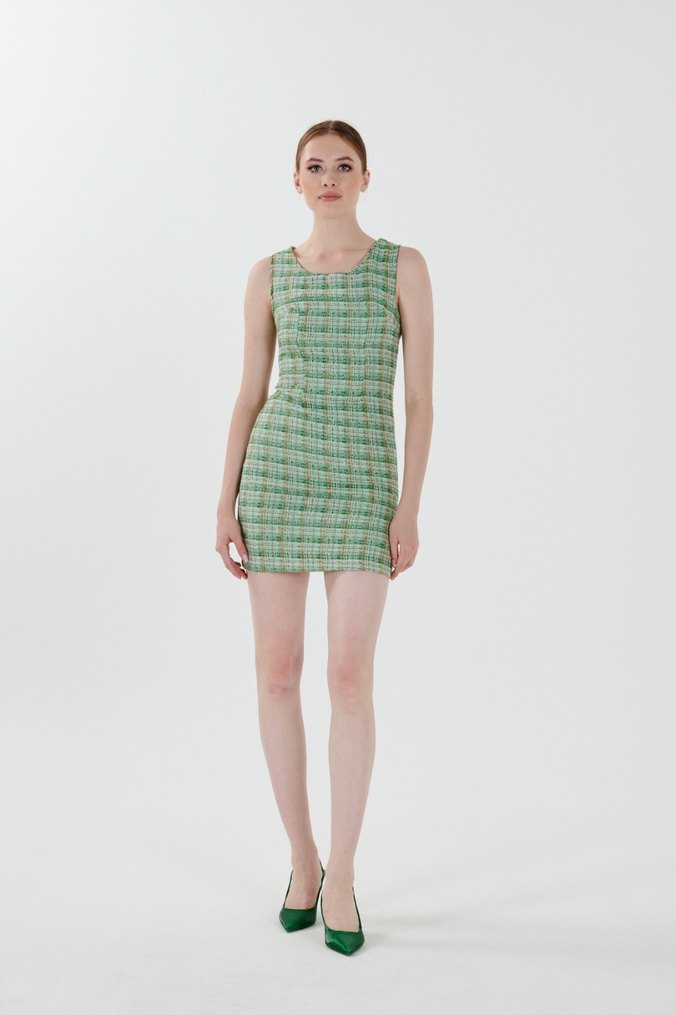 Yeşil Kareli Mini Kolsuz Elbise - Görsel 2