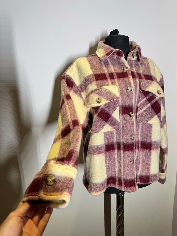 Loft Düğmeli Bordo Ekoseli Peluş Gömlek Kadın - Görsel 3