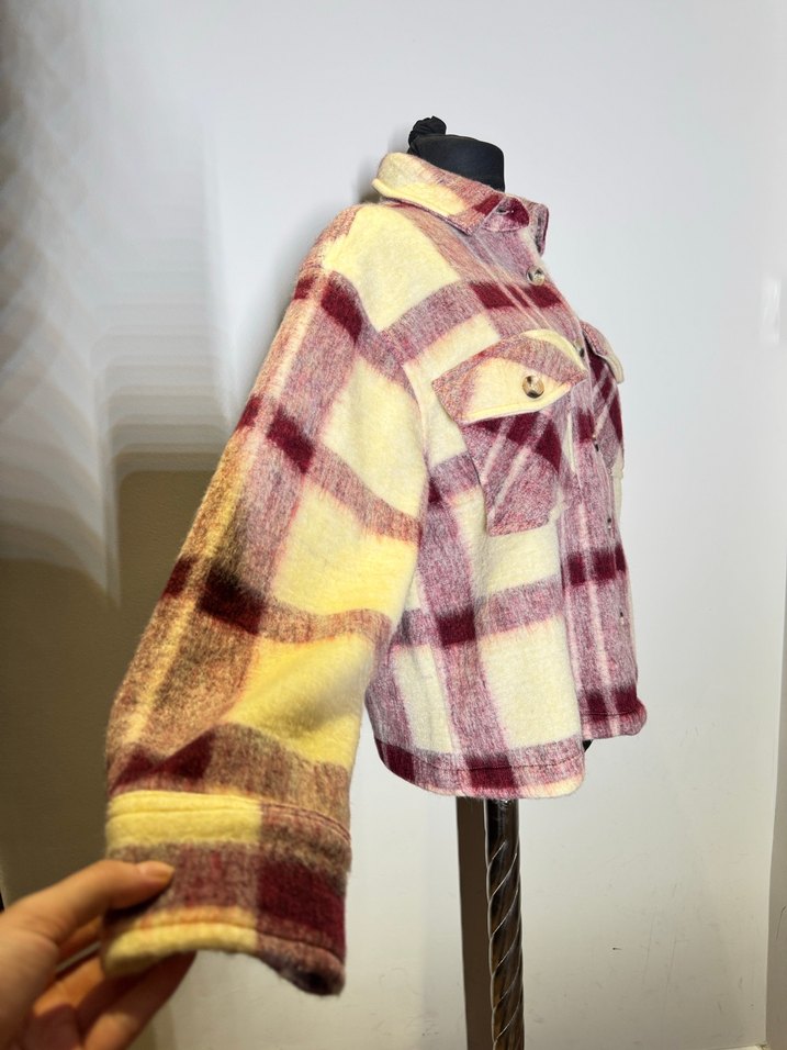 Loft Düğmeli Bordo Ekoseli Peluş Gömlek Kadın - Görsel 2