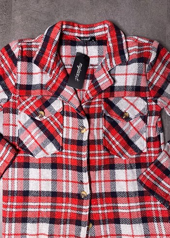 Düğmeli Ekoseli Kırmızı Kadın Gömlek - Görsel 5