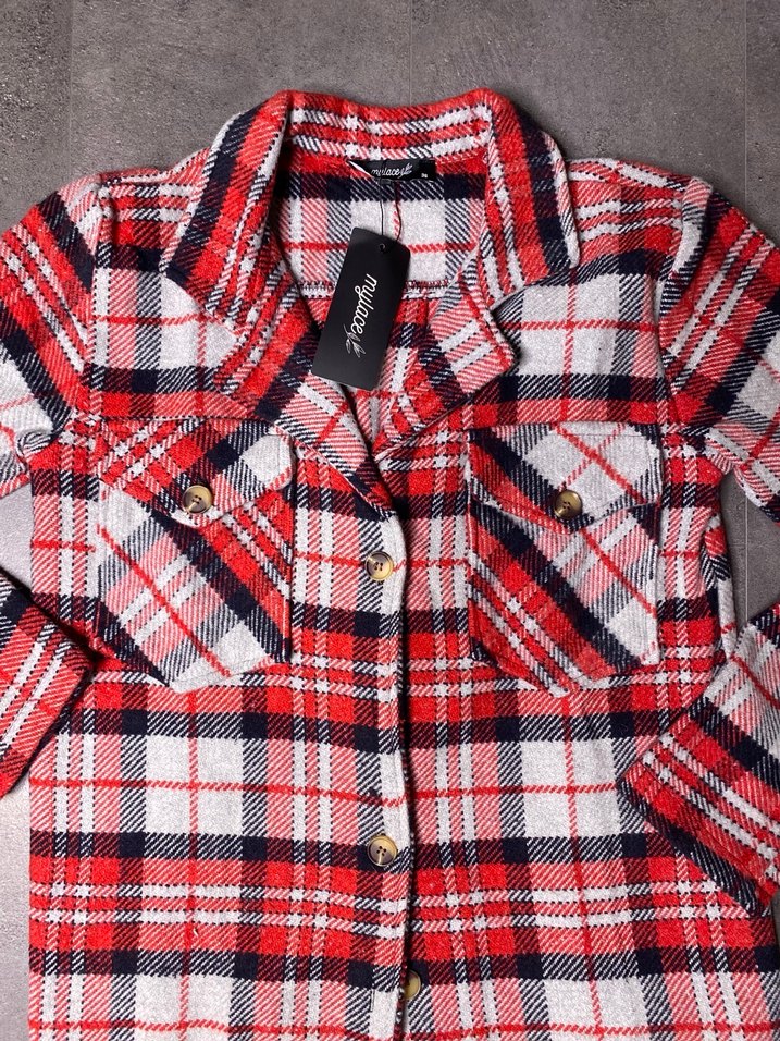 Düğmeli Ekoseli Kırmızı Kadın Gömlek - Görsel 5