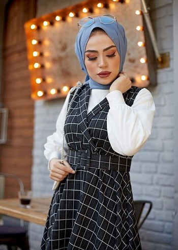 Siyah Ekose Desenli Uzun Kemerli Elbise - Görsel 3