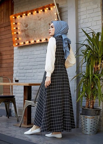 Siyah Ekose Desenli Uzun Kemerli Elbise - Görsel 2