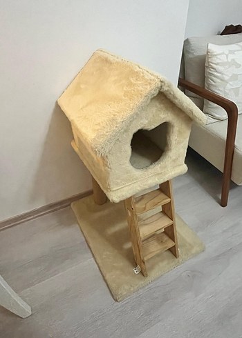 Kediler için açık kahverengi peluş ev ve tırmanma merdiveni - Görsel 4