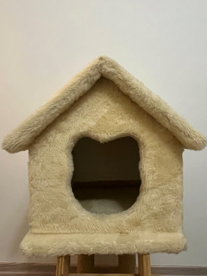 Kediler için açık kahverengi peluş ev ve tırmanma merdiveni - Görsel 2