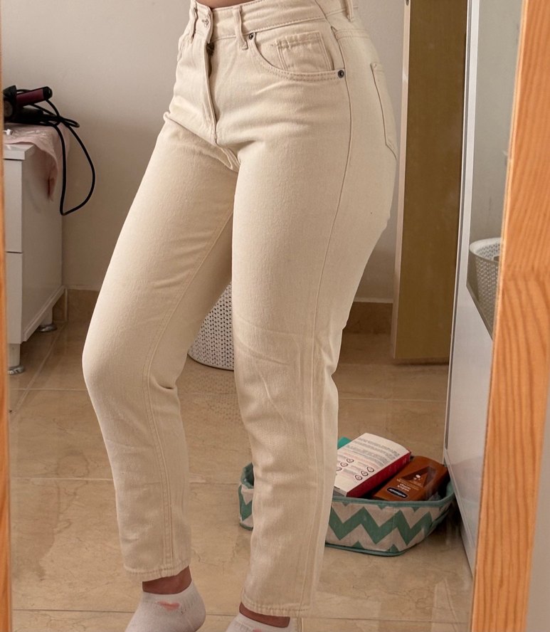 Düğmeli krem Kadın Kot Pantolon - Görsel 2