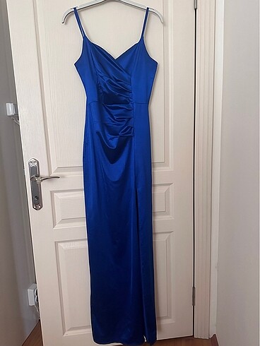 saks mavisi uzun yırtmaçlı elbise - Görsel 5