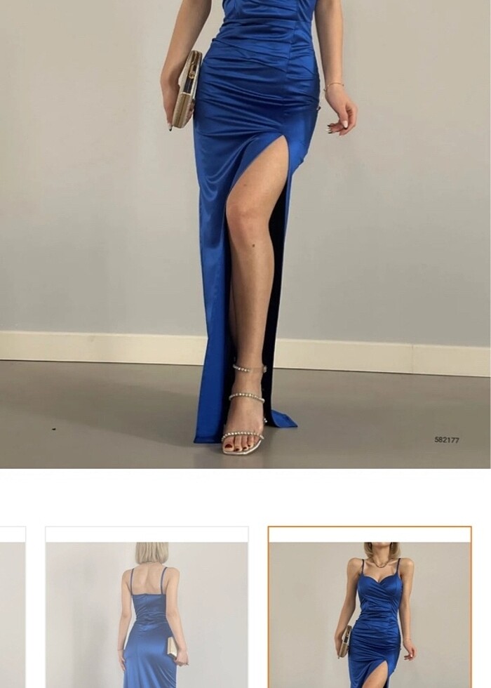 saks mavisi uzun yırtmaçlı elbise - Görsel 2