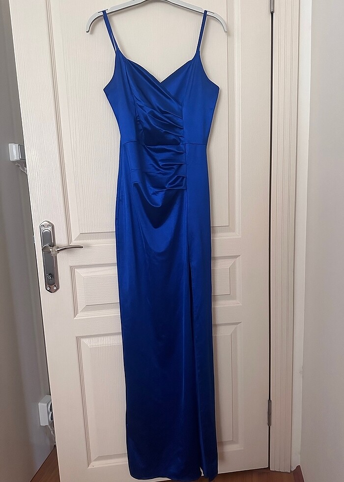 saks mavisi uzun yırtmaçlı elbise - Görsel 5