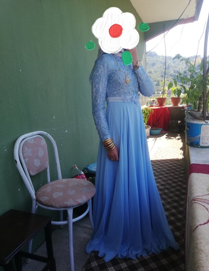 Drapeli Uzun Kollu Mavi Abiye Elbise - Görsel 2