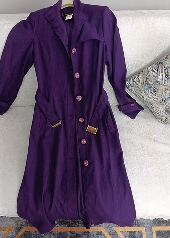Düğmeli Uzun Mor Kadın Kaban - Görsel 5