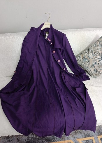 Düğmeli Uzun Mor Kadın Kaban - Görsel 4
