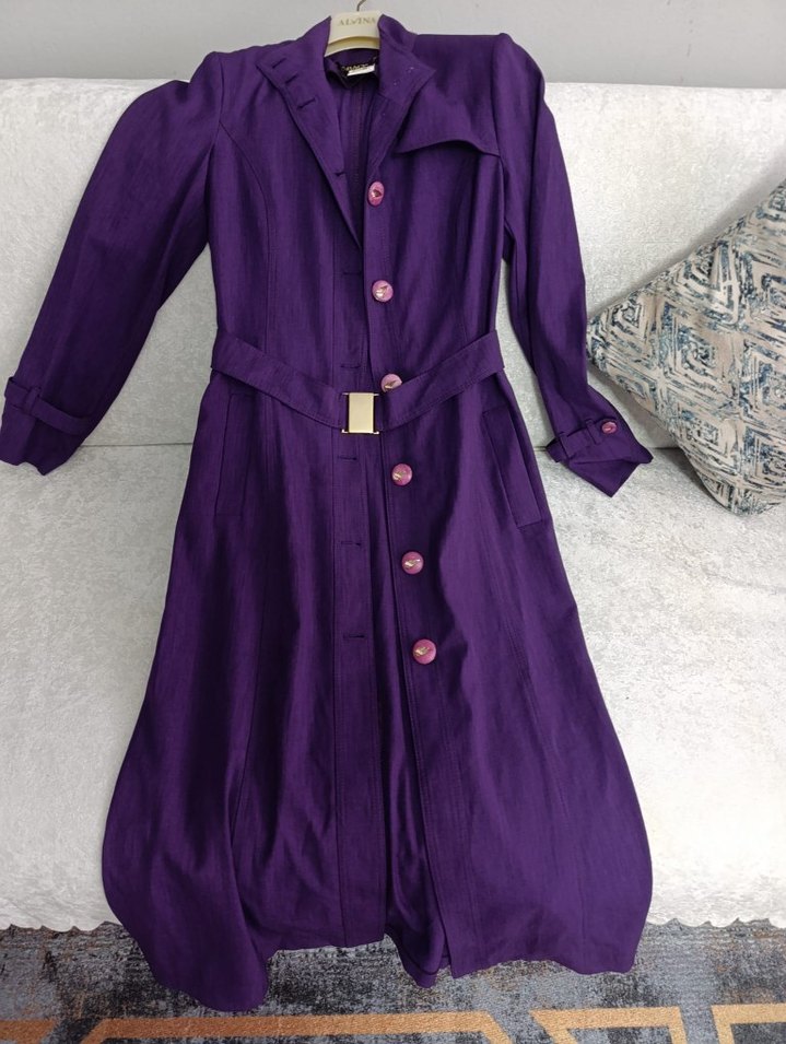 Düğmeli Uzun Mor Kadın Kaban - Görsel 3