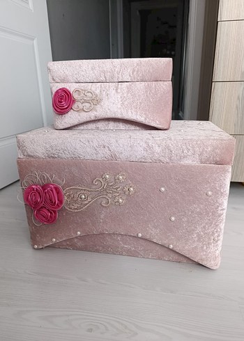 Pembe Kadife nişan sandığı Makyaj Organizer Seti - Görsel 2