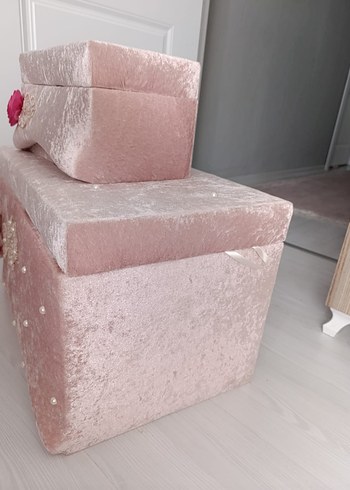 Pembe Kadife nişan sandığı Makyaj Organizer Seti - Görsel 3