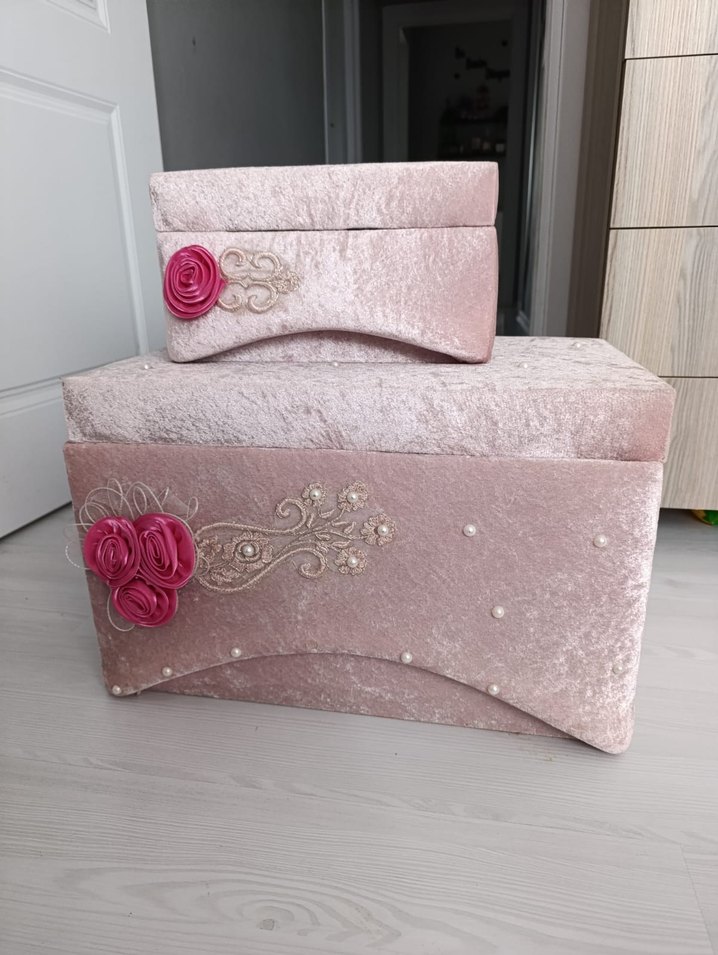 Pembe Kadife nişan sandığı Makyaj Organizer Seti - Görsel 2
