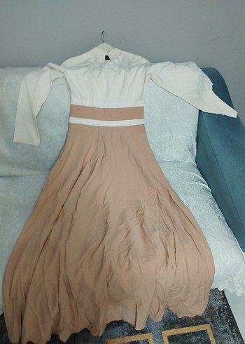 Bej Kemerli Uzun Keten Elbise - Görsel 3