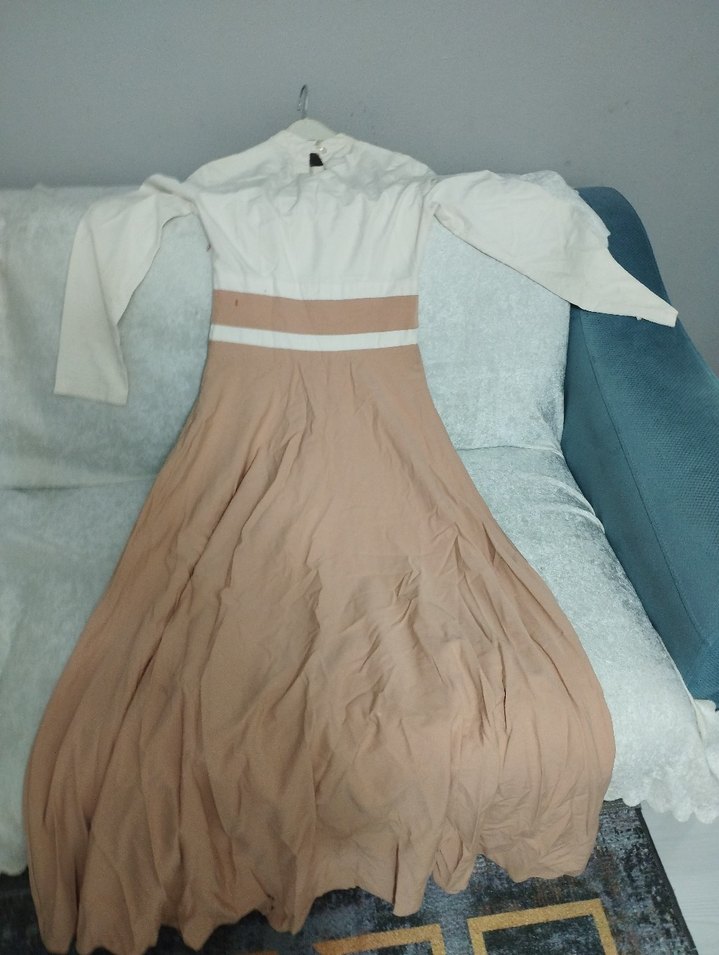 Bej Kemerli Uzun Keten Elbise - Görsel 3