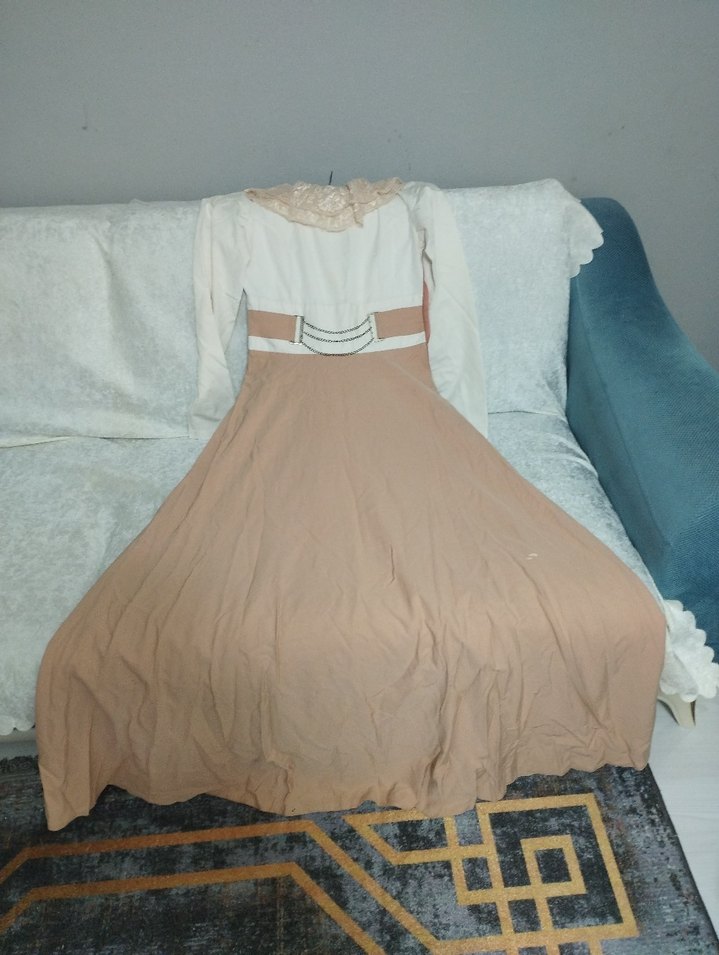 Bej Kemerli Uzun Keten Elbise - Görsel 2