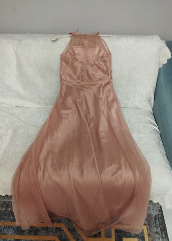 Bej Uzun Drapeli İşlemeli Abiye Elbise - Görsel 4