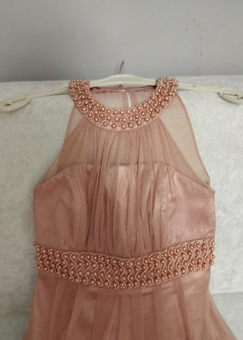 Bej Uzun Drapeli İşlemeli Abiye Elbise - Görsel 3