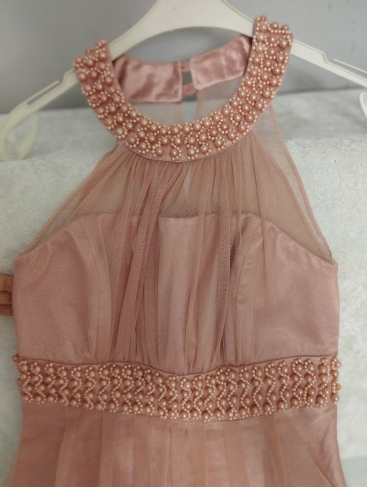 Bej Uzun Drapeli İşlemeli Abiye Elbise - Görsel 5