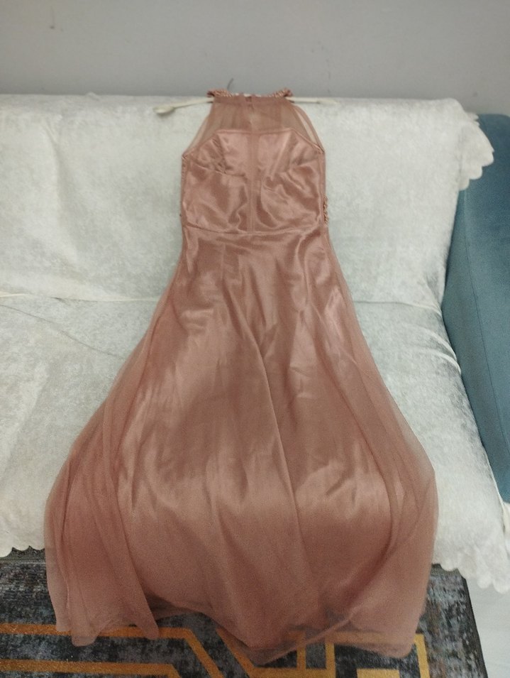 Bej Uzun Drapeli İşlemeli Abiye Elbise - Görsel 4