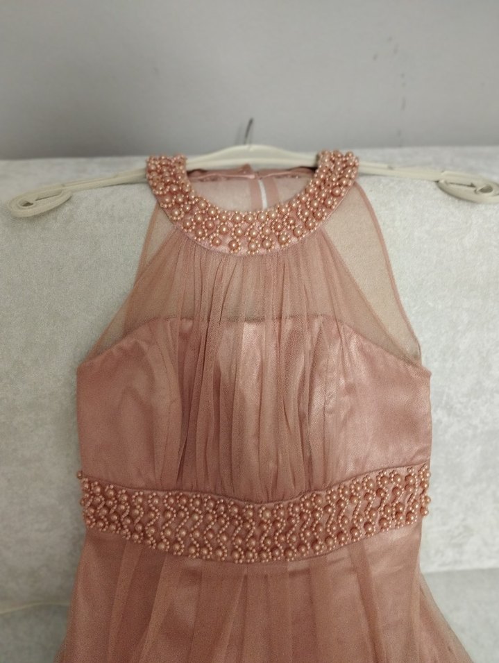 Bej Uzun Drapeli İşlemeli Abiye Elbise - Görsel 3