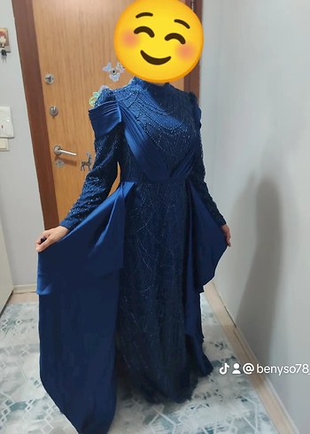 Uzun Kollu Koyu Mavi Gotik Abiye Elbise - Görsel 2