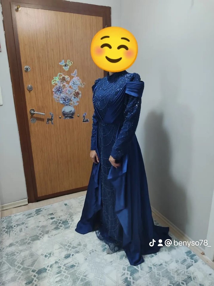 Uzun Kollu Koyu Mavi Gotik Abiye Elbise - Görsel 4