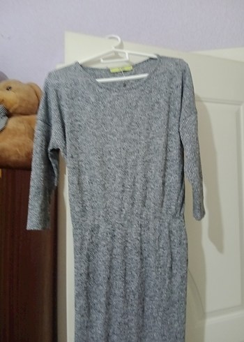 Gri Uzun Kollu Triko Midi Elbise - Görsel 7