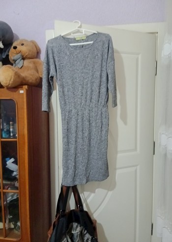 Gri Uzun Kollu Triko Midi Elbise - Görsel 8