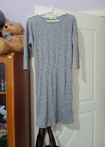 Gri Uzun Kollu Triko Midi Elbise - Görsel 4