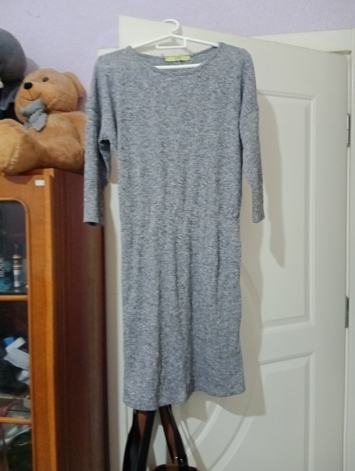 Gri Uzun Kollu Triko Midi Elbise - Görsel 4