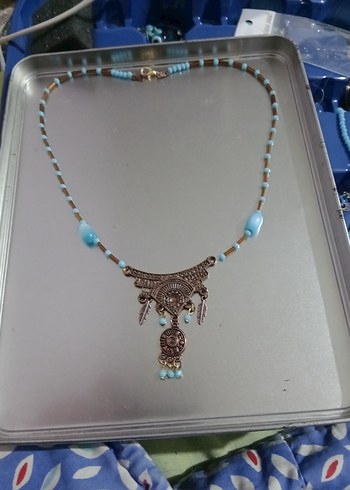 Uzun Turkuaz Boncuklu Bohem Kadın Kolye - Görsel 5