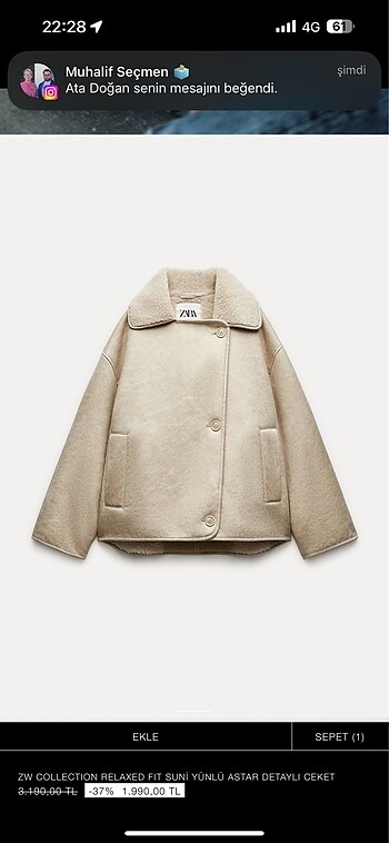 ZARA SUNİ YÜNLÜ ASTAR DETAYLI CEKET