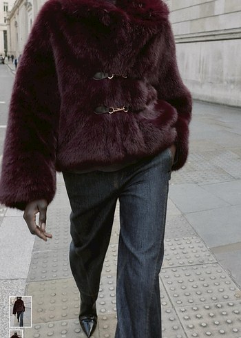 Bordo Kürk Detaylı Midi Peluş Ceket - Görsel 2