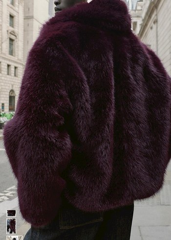 Bordo Kürk Detaylı Midi Peluş Ceket - Görsel 3