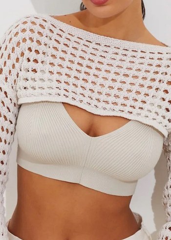 s Beden siyah Renk Crop örgü kazak / Ajurlu bolero Siyah-Bej