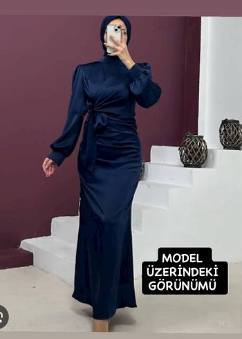 38 Beden mavi Renk Lacivert Saten Elbise Tesettür