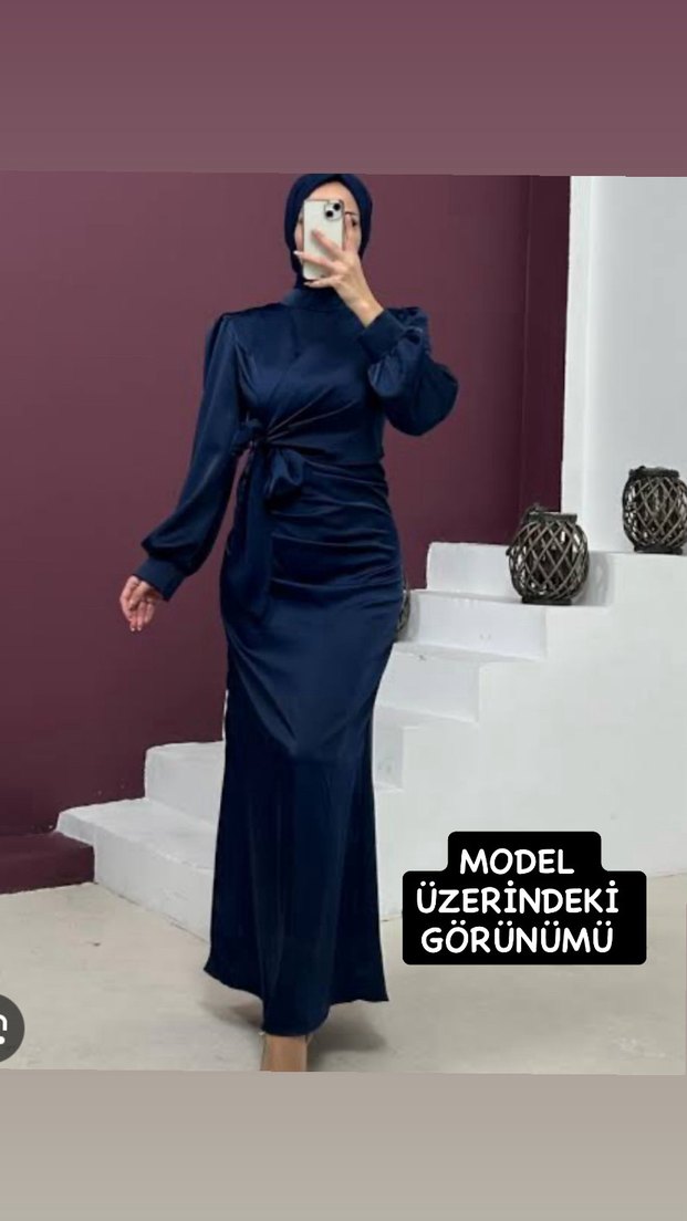 Lacivert Saten Elbise Tesettür - Görsel 4