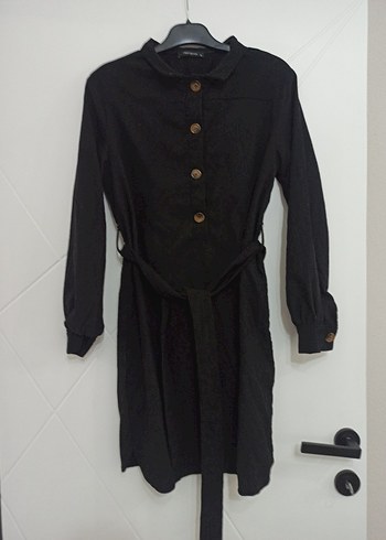 Düğmeli Siyah Uzun Keten Kadın Elbise - Görsel 2