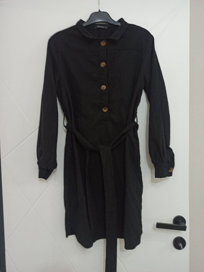 Düğmeli Siyah Uzun Keten Kadın Elbise - Görsel 2