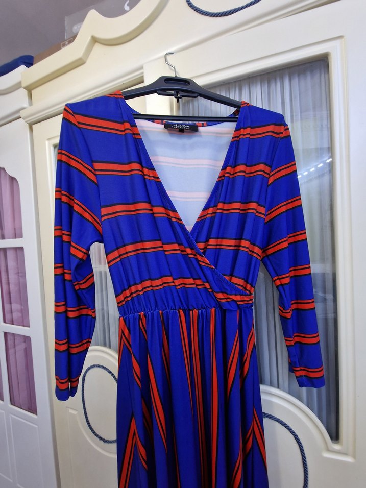 Çizgili V Yaka Uzun Hamile Elbisesi - Görsel 2