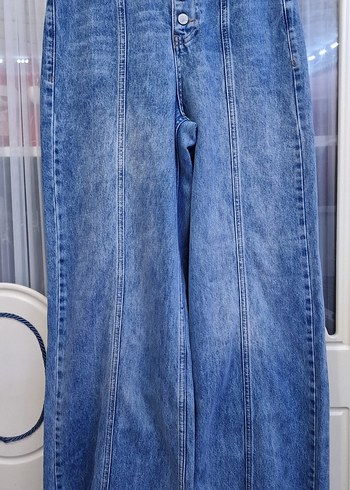 Düğmeli Mavi Midi Kot Pantolon