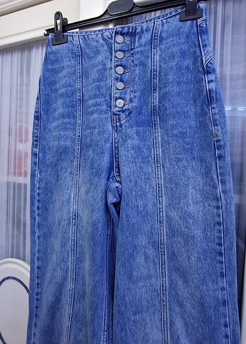 36 Beden Düğmeli Mavi Midi Kot Pantolon