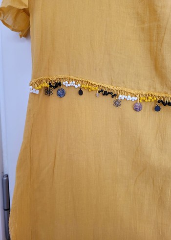 Sarı Bohem Nakışlı Uzun Keten Elbise - Görsel 3