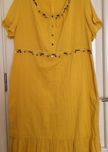 Sarı Bohem Nakışlı Uzun Keten Elbise - Görsel 5